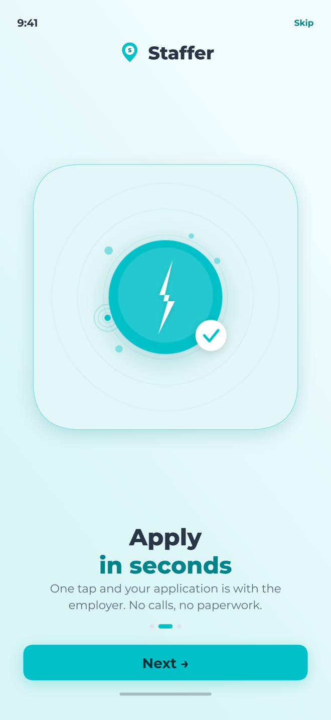 Staffer app screen: apply in seconds