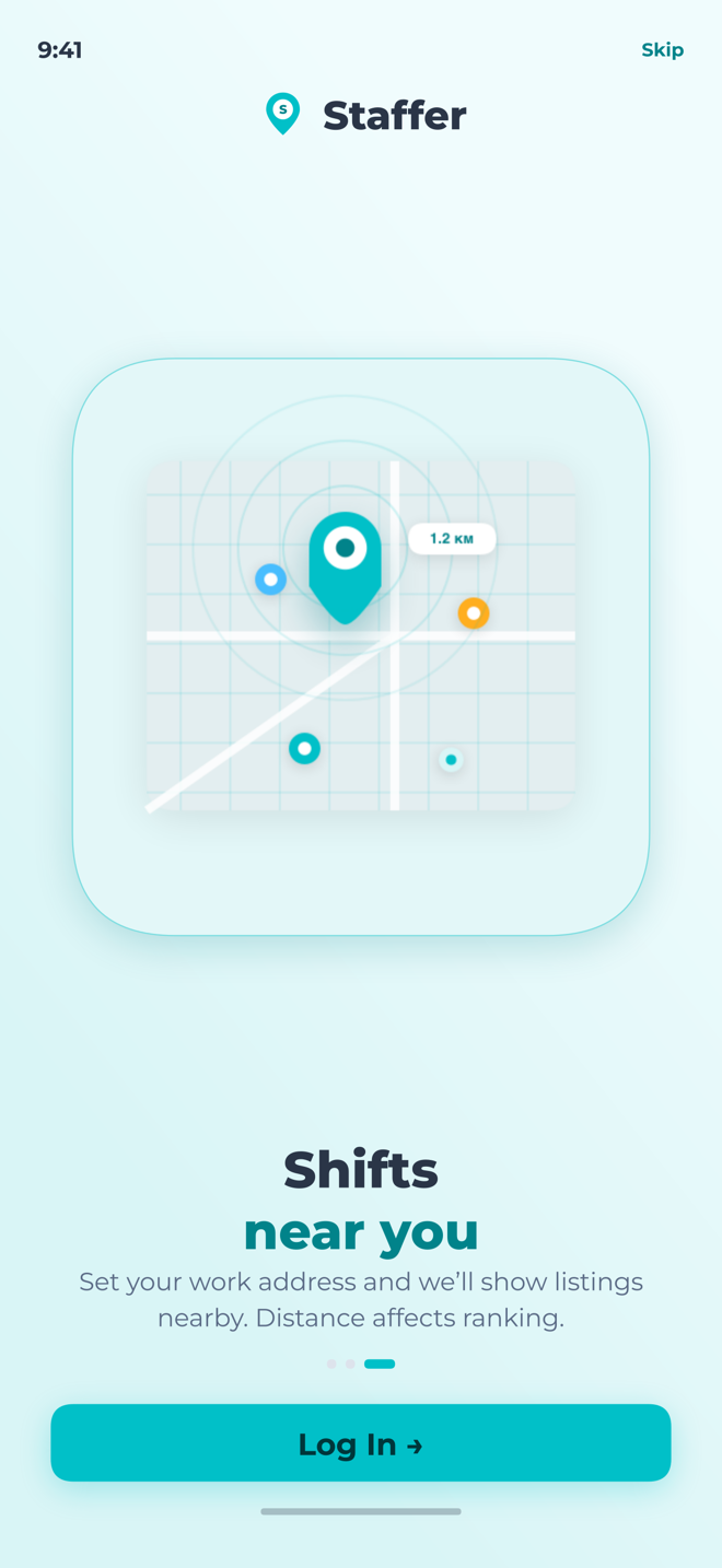 Staffer app screen: shifts near you